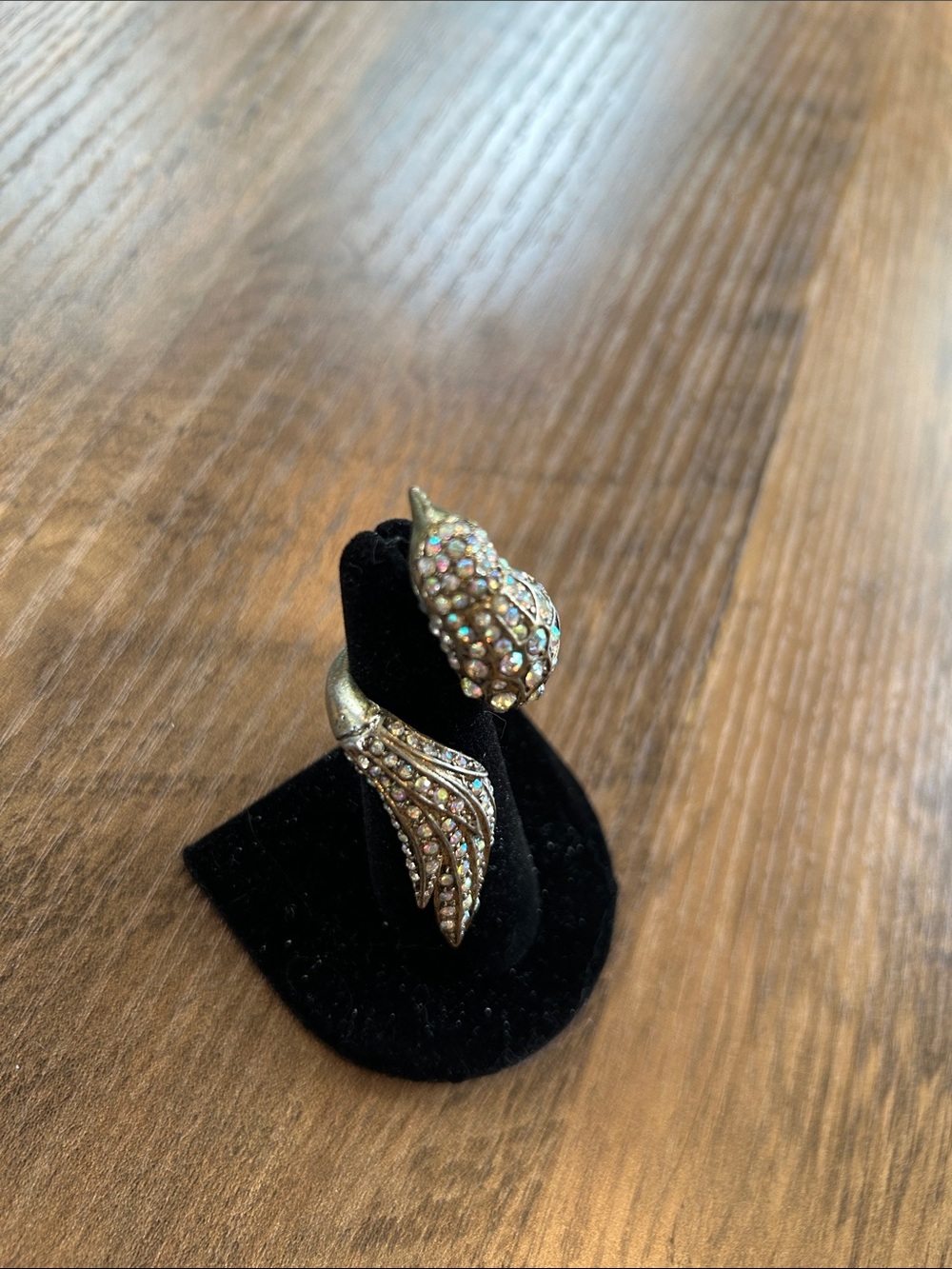 Vintage Crystal Pavé Silver-Tone Bird Wrap Ring - size 6